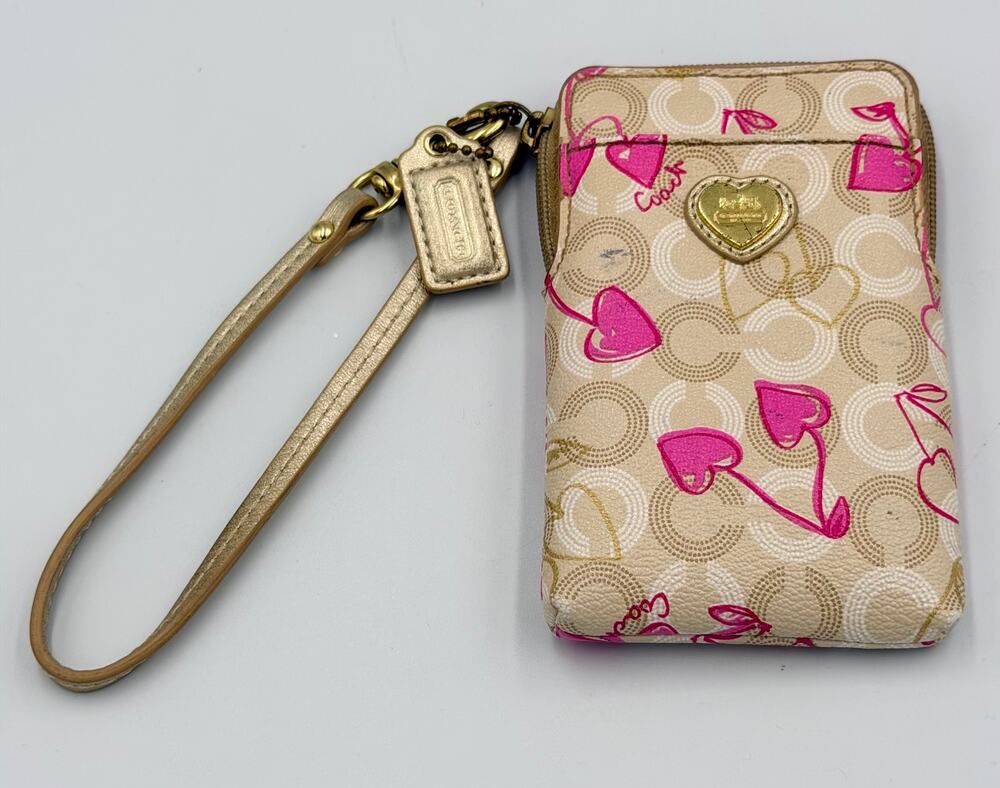 Y2K Coach Waverly Cherry & Heart Signature Phone/Credit Card Wristlet Limited Ed